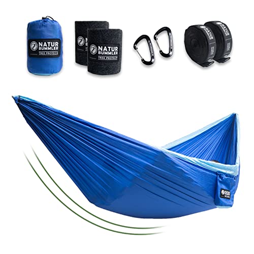 Naturbummler ® Hängematte Outdoor 300 x 170cm [CO2-Neutral & TÜV-Zertifiziert] mit Baumschutzmatte – Doppelschichtige Fallschirmseide bis 2 Personen 300kg Tragkraft (meeresblau)