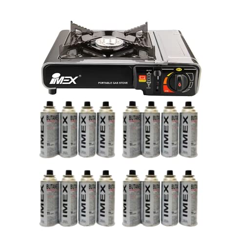 IMEX Gaskocher Edelstahl Campingkocher mit 16 Gaskartuschen und Tragekoffer / Aufbewahrungskoffer 2,2KW